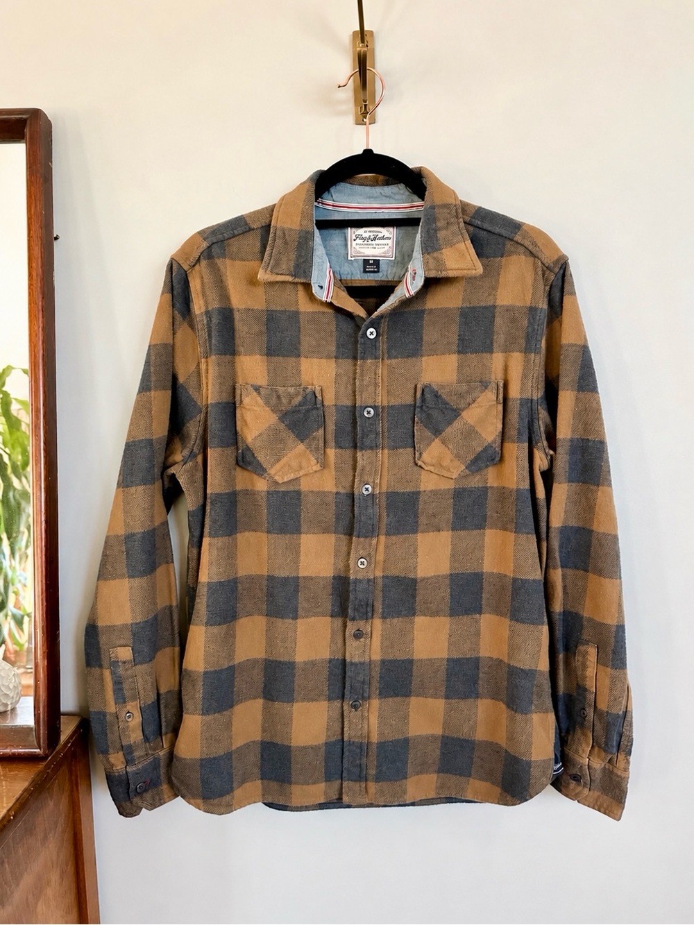 Flag & Anthem Men’s Medium Brown Gray Buffalo Plaid Flannel Shirt 100% Cotton